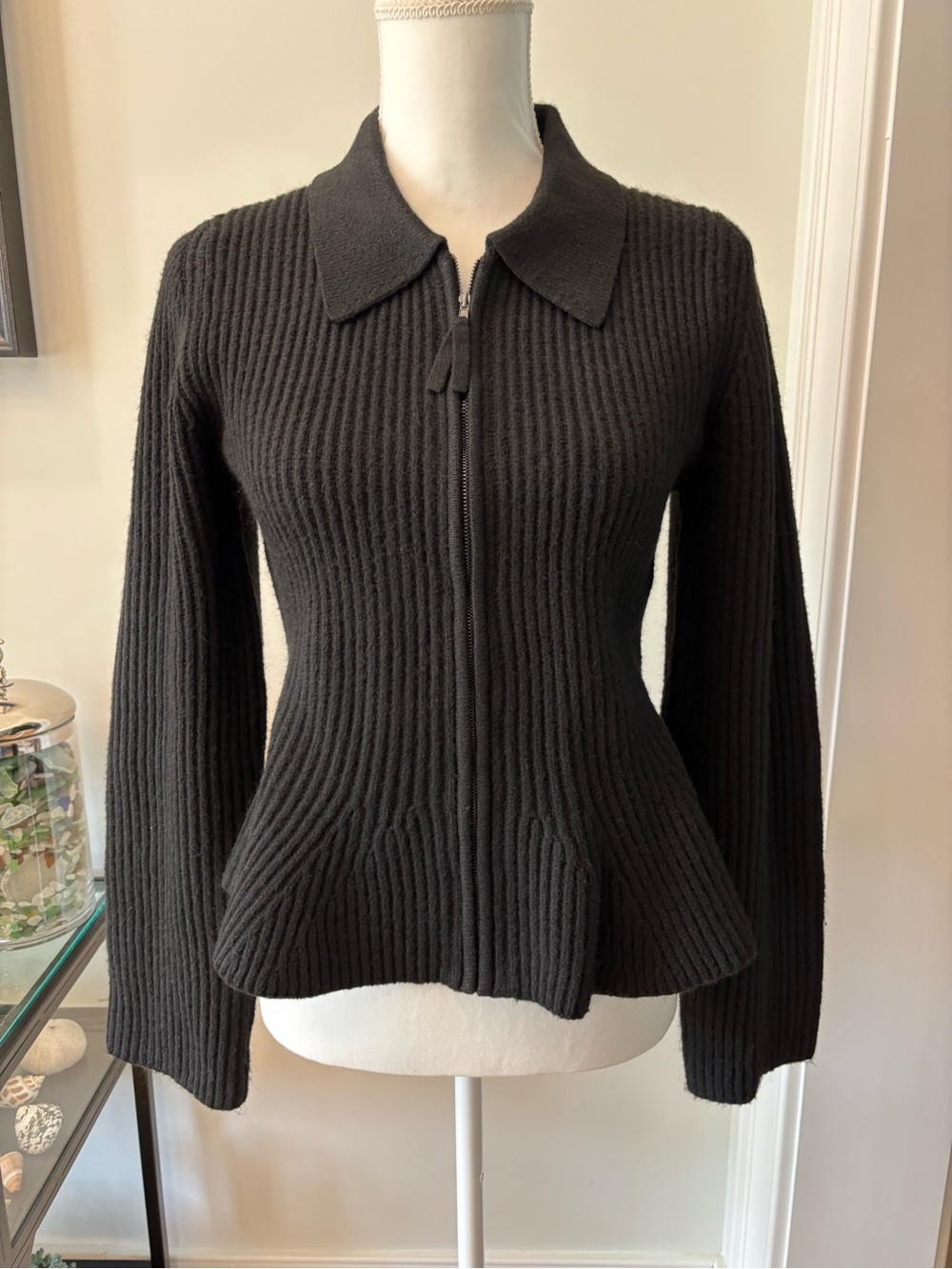 Ted Baker London Luella Black Ribbed Zip-Up Peplum Cardigan, Size M